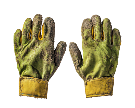 Gardening gloves covered in dirt, showcasing wear and tear from outdoor work. Perfect for gardening enthusiasts and outdoor activities