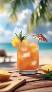 Colorful Caribbean rum punch in tiki glass with tropical fruit garnishes and a backdrop of a beautiful beach