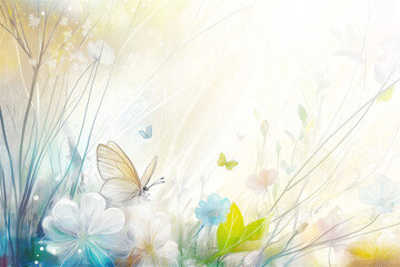 A dreamy spring scene with delicate flowers and butterflies in a lush garden, capturing the beauty of nature's rebirth. The soft focus adds a magical quality to the image.