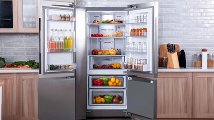 Refrigerator organic food kitchenware household utensil fridge appliance freezer vector illustration.