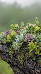 Vibrant succulent growth on mossy log lush forest close-up natural setting aesthetic view plant life