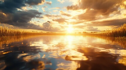 Golden Sunset Over Calm Water and Wheat Fields