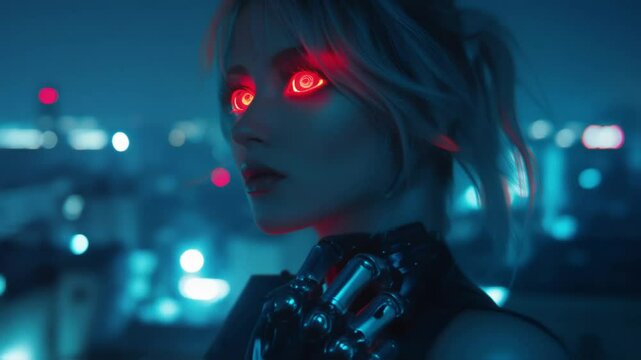 Futuristic cybernetic woman with glowing red mechanical eyes and robotic arm in a neon-lit cityscape. AI, transhumanism, cyberpunk, augmented vision, futuristic technology.