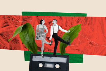 Art 3d sketch photo image collage of two happy girl guy dandy lady dance together retro music...