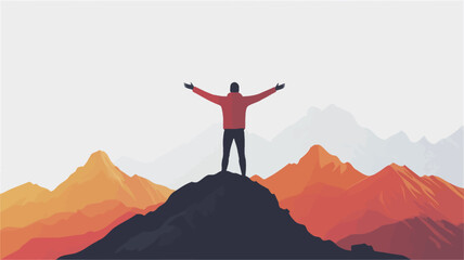 A stylized vector illustration depicts a male figure standing with arms outstretched atop a dark mountain peak. The background showcases a range of stylized mountains rendered in shades of