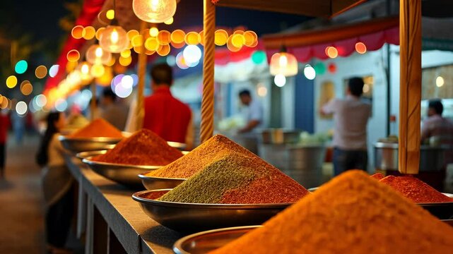 Vibrant Night Market Spices Colorful Bokeh Lights