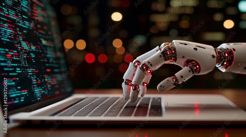 Poster robotic hand typing on laptop ai technology future innovation digital code automati