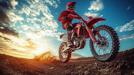 Naklejka premium Motocross rider in action, jumping dirt bike at sunset.