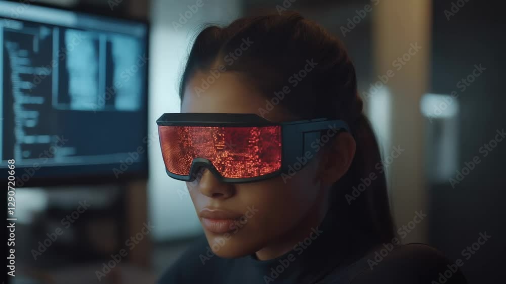 Poster cyber hacker wearing futuristic ar glasses with red digital display in a high-tech environment. cybe