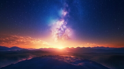 Fototapeta premium Breathtaking view of the Milky Way galaxy from an open field at night, stars twinkling above the horizon with rolling hills below, showcasing the vastness of space and the tranquil beauty of sky