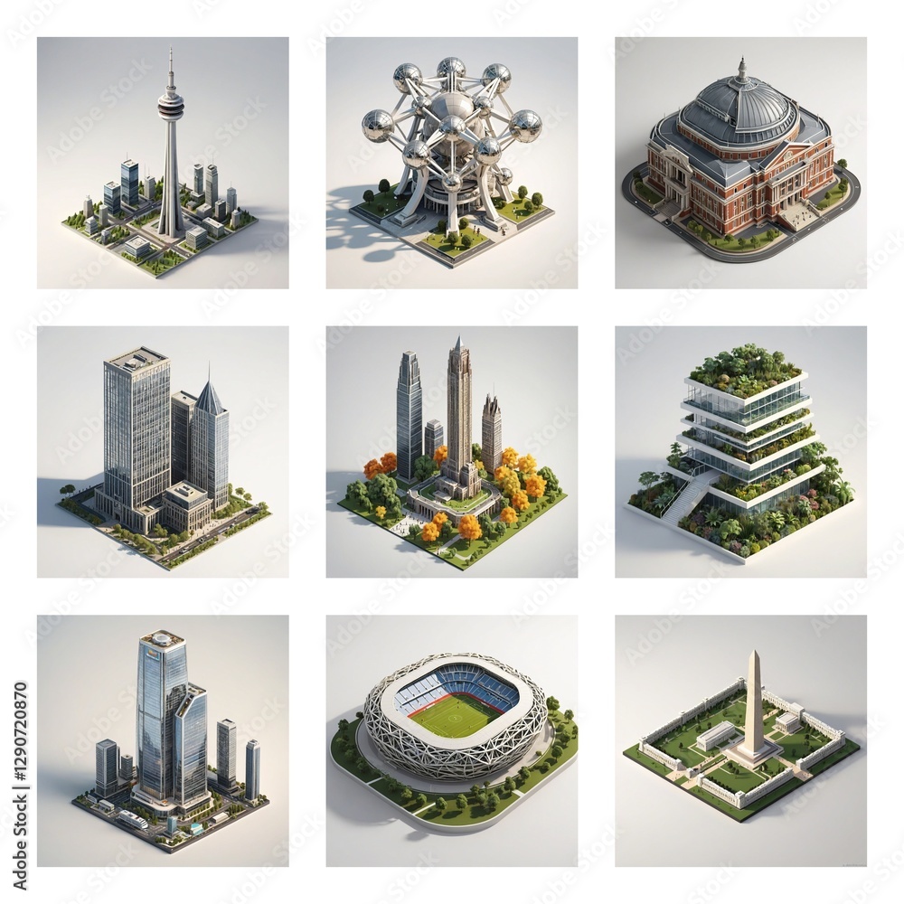 Poster isometric collection of famous building landmarks. miniature 3d architectural models showcase divers