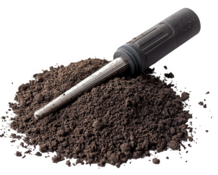 Soil tester tool resting on pile of dark soil, ideal for gardening and agriculture. This captures essence of soil analysis and cultivation