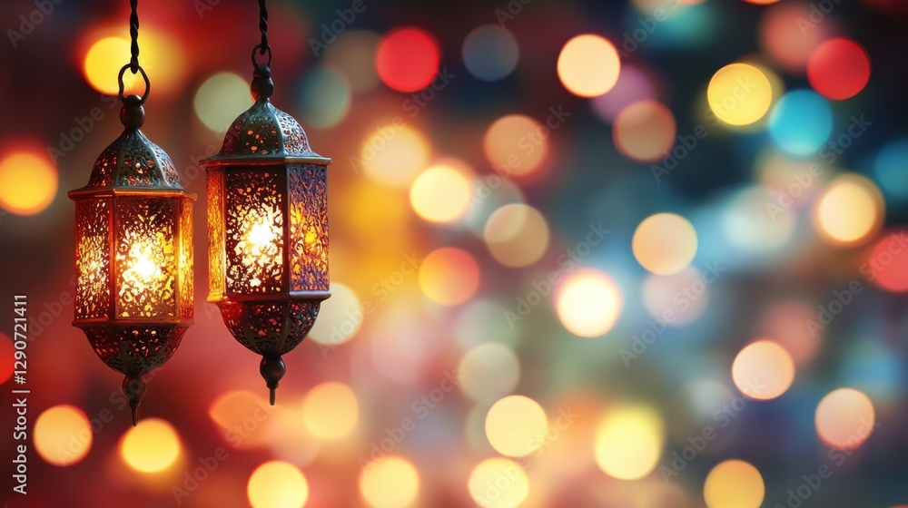 Poster elegant lanterns with soft glowing lights against colorful bokeh