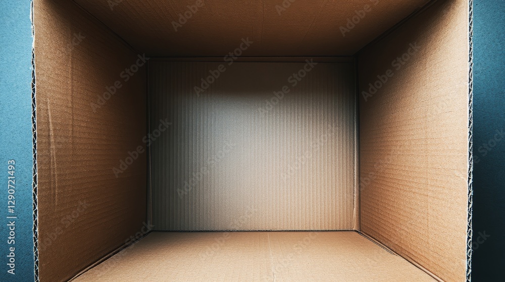 Aufkleber an open cardboard box with three vertical deep walls viewed from the top