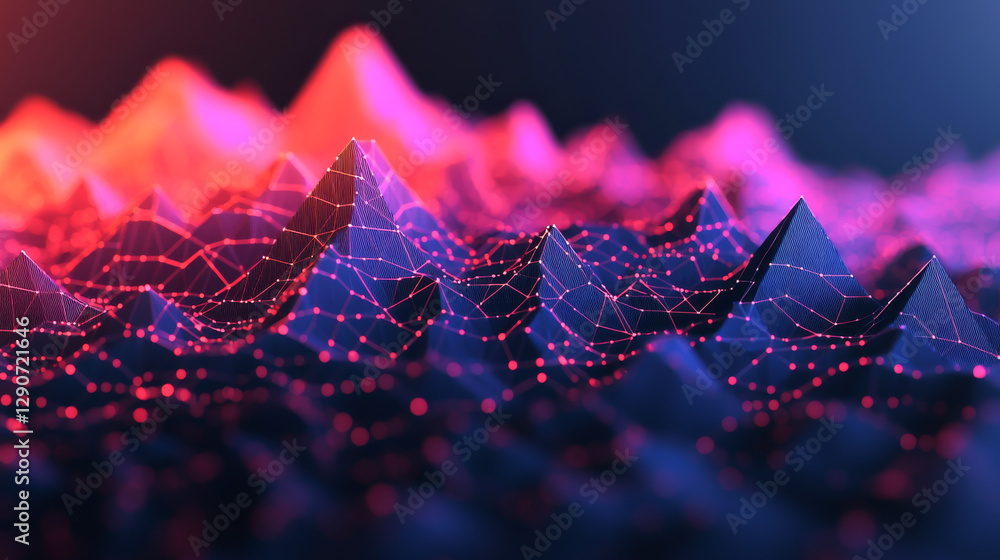 Poster abstract digital landscape with vibrant colors and a mesh of interconnected lines and peaks.
