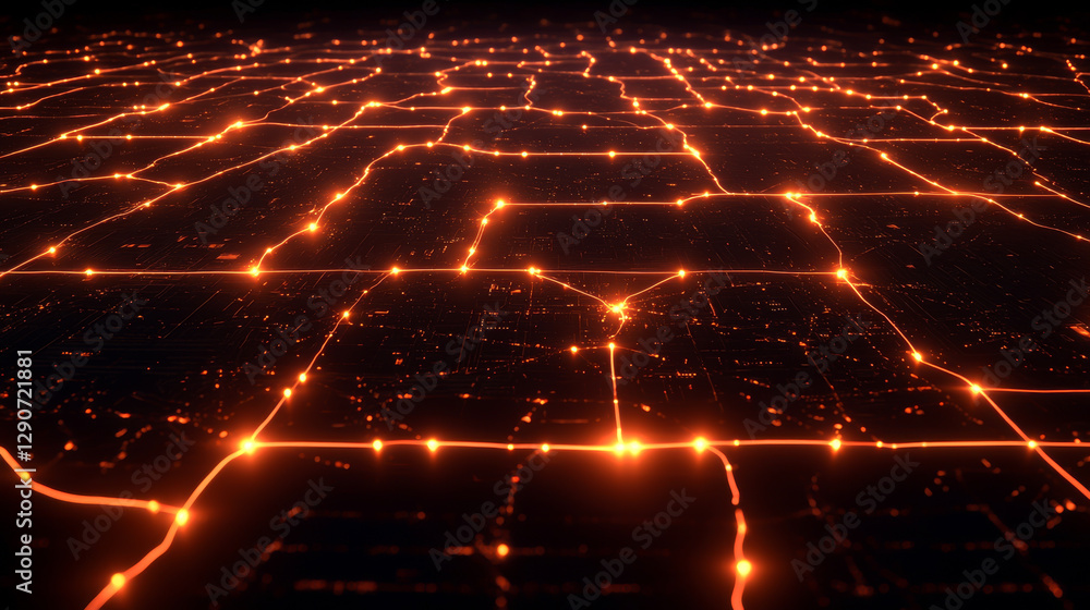 Poster abstract digital network grid with glowing lines and nodes, depicting connectivity.