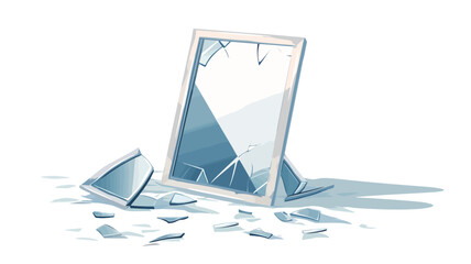 A digital illustration depicting a broken rectangular mirror on a white background. The mirror is shown leaning against a pile of its shattered fragments. The illustration style is clean