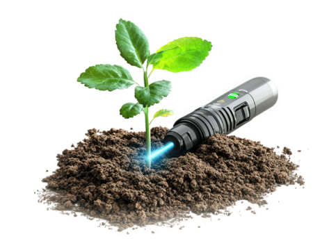 high tech soil tester with voice command is analyzing soil for plant growth. This innovative device helps ensure optimal conditions for healthy plants