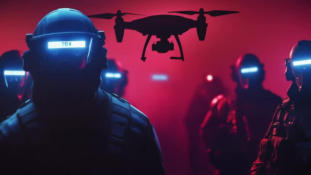 High-tech tactical squad in black armor with glowing blue visors, standing against a red-lit background with an aerial drone. Cybersecurity, special forces, AI integration, cyberpunk, digital warfare.