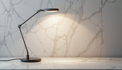 Sleek Scandinavian-inspired desk lamp with adjustable arm, gently illuminating smooth marble workspace, casting harmonious shadows and enhancing calm, modern business atmosphere