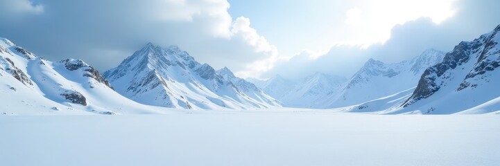 Fototapeta premium Vast, pristine snowfield extending to distant, snow-covered mountains under a winter sky, pure, ice, serene