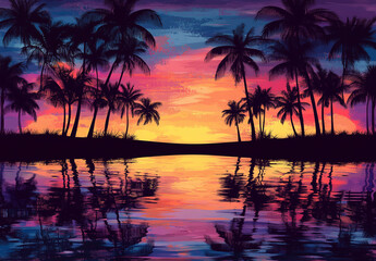 Tropical sunset with palm trees and beach vector illustration background, sunset landscape with ocean water reflection, silhouette of island against a colorful sky.