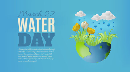 3D banner with raindrops from clouds watering planet earth, with flowers and grass.