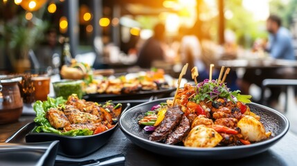Fototapeta premium Colorful Assorted Dishes on Table at Outdoor Restaurant Setting