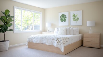 Fototapeta premium Beige bedroom interior with plants and art. Use for home decor ideas