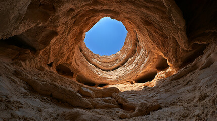 Desert cave skylight, sunlight, rock formations, geological exploration