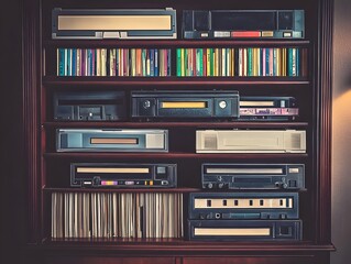 Vintage audio equipment and CDs organized neatly on a wooden shelf in a cozy room