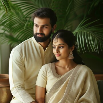 South Indian Couple in Traditional Ivory Attire, Pre Wedding Photoshoot, Bride and Groom Posing in Kurta and Saree against Palm Leaves Background