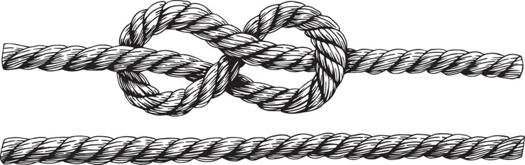 Knotted ropes eight knots realistic cords knot in vector. Nautical thread whipcord with loops, noose. Twisted, braided, folded, spiral fiber. Illustration hand drawn black graphic background elements