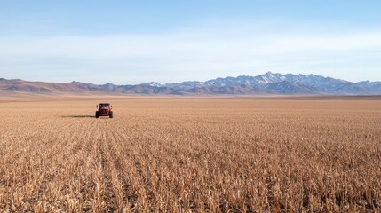 Obraz premium Tractor harvesting dry field, mountains background, agriculture