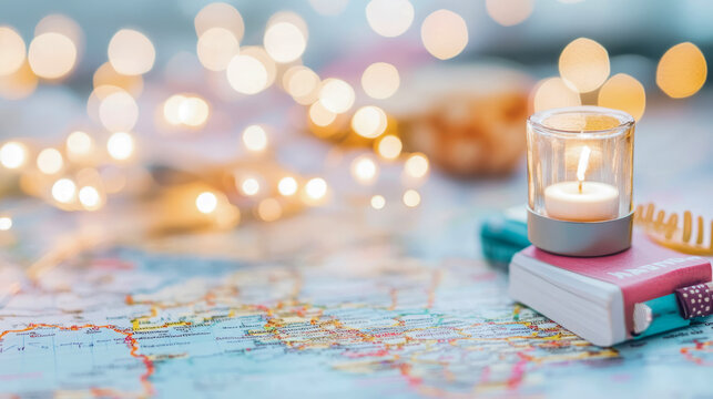 Travel Planning: A candle illuminates journey dreams above a world map, resting on travel guides with glowing lights hinting at adventure.