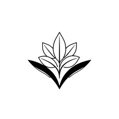 Black and white minimalist logo of a plant with a stylized, symmetrical composition, depicting leaves and a central stem, with an uncluttered background.