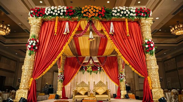 A beautifully decorated stage for a traditional wedding ceremony