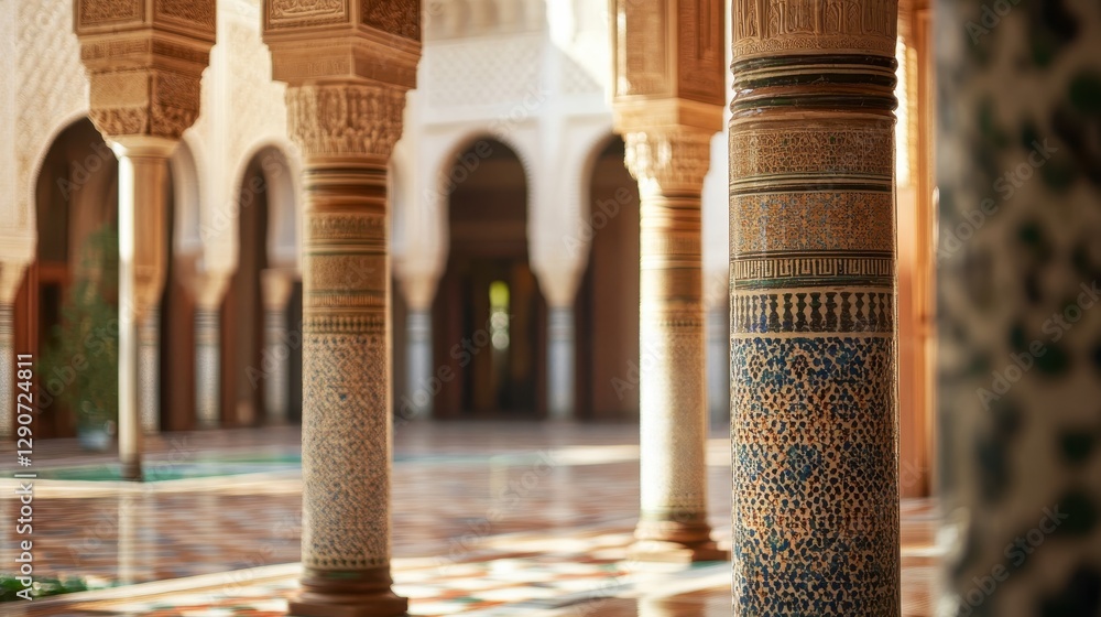 Poster intricate architecture and colorful columns in traditional moroccan palace