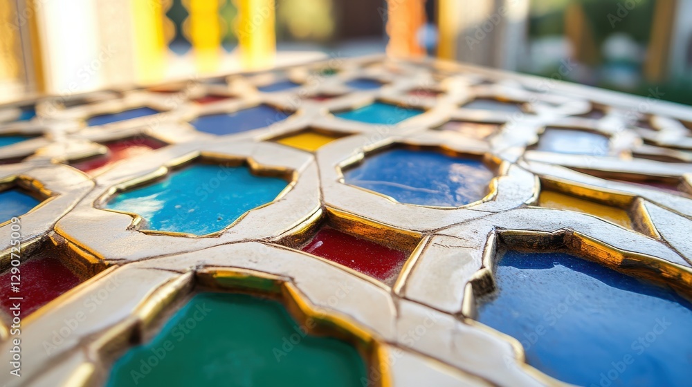 Poster intricate colorful tile pattern with gold accents in close-up view