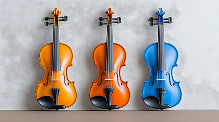 Three violins, orange, orange, blue, wall background, music education