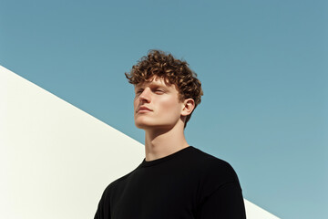 Obraz premium Minimalist portrait of young man with curly hair in modern architecture setting