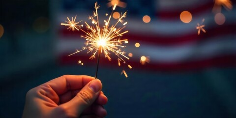 glowing sparkler in hand against a festive 4th of july background with fireworks, red, white, and blue colors celebrating american independence day
