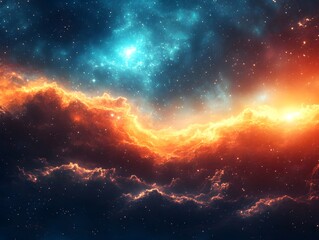 Fototapeta premium Vivid cosmic landscape showcasing swirling clouds of orange and blue, with stars twinkling in the background