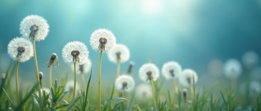 Dandelion flowers in green meadow on blurred blue background with sunlight. Close-up of fluffy seed heads in spring nature scene