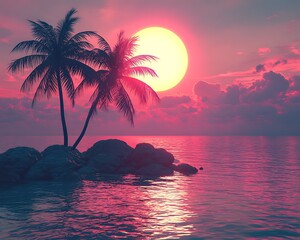 Palm tree silhouettes with the sun setting over the ocean