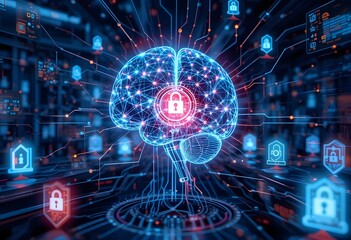 Obraz premium A high-tech powered security system analyzing a network for potential cyber threats. A 3D holographic brain with neural connections processes cyber security alerts, while firewalls. 