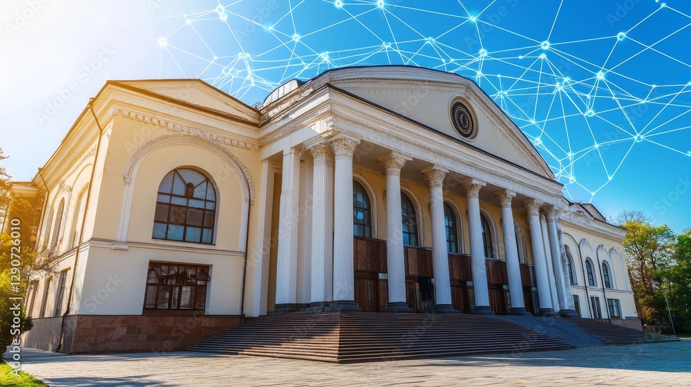 Poster classical architecture merges with digital network connection, symbolic of technology transformation