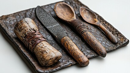 a collection of high-resolution images showcasing antique and historical dining utensil sets from various eras, including roman, viking, baroque, victorian, renaissance, and industrial periods. each s