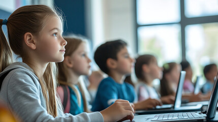 Little schoolgirl working on laptop against background of other schoolchildren in modern technological school classroom