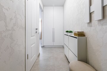 Modern White Hallway with Cabinet and Mirror